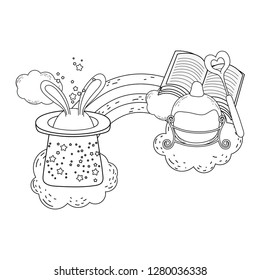 fairytale magic hat with rabbit ears and potion bottle
