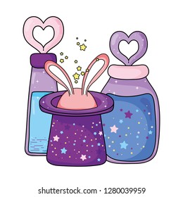 fairytale magic hat with rabbit ears and potion bottle