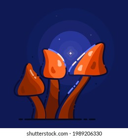 Fairy-tale with magic mushroom on dark background. Mysterious and beautiful light with fireflies.