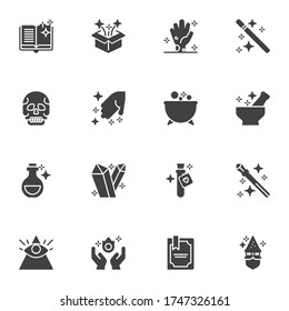 Fairytale magic vector icons set, modern solid symbol collection, filled style pictogram pack. Signs, logo illustration. Set includes icons as magician book, magic wand and stars, potion cauldron