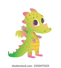 Fairytale magical little dragon, fantasy creature for kids. Cute adorable shy dragon smiling. Children fantasy character design. Fairy tale enchanted animal, isolated clip art illustration for kids.