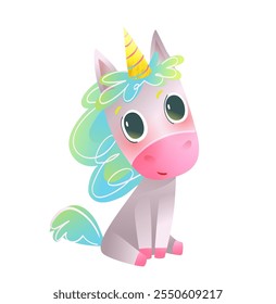 Fairytale magical unicorn creature for kids. Cute adorable little pony unicorn sitting and smiling. Children fantasy character design. Fairy tale enchanted animal, isolated clip art kids illustration