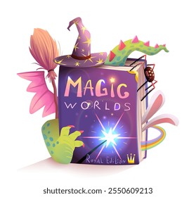 Fairytale magician book full with magic objects and creatures. Wizard hat, witch broom dragon and rabbit in fantasy story for children. Fairy tale enchanted book, clip art illustration for kids.