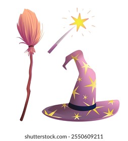 Fairytale magician objects isolated on white. Wizard hat, witch broom and shiny magic wand clipart cartoon for children. Colorful fairy tale vector objects, illustration for kids.