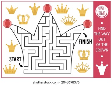 Fairytale maze for children. Magic kingdom preschool printable activity. Fairy tale geometric labyrinth game or puzzle shaped like crown. King themed page for kids. Find the way out of the crown