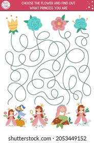 Fairytale maze for kids with cute princesses and flowers. Magic kingdom preschool printable activity. Fairy tale labyrinth game or puzzle