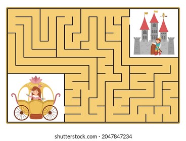 Fairytale maze for kids with fantasy characters. Magic kingdom preschool printable activity with carriage and castle. Fairy tale geometric labyrinth game or puzzle. Help princess get to prince
