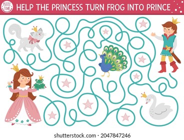 Fairytale maze for kids with fantasy characters. Magic kingdom preschool printable activity with swan, peacock, cat, crown. Fairy tale labyrinth game or puzzle. Help princess turn frog into prince
