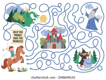 Fairytale maze for kids with fantasy characters. Magic kingdom preschool printable activity with witch, dragon, stargazer. Fairy tale labyrinth game or puzzle. Help prince save the princess in castle