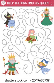 Fairytale Maze For Kids With Fantasy Characters. Magic Kingdom Preschool Printable Activity With Witch, Fairy, Mermaid. Fairy Tale Labyrinth Game Or Puzzle. Help The King Find His Queen
