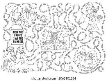 Fairytale maze for kids with fantasy characters. Magic kingdom preschool printable activity with witch, dragon, stargazer. Fairy tale labyrinth game or puzzle. Help prince save the princess in castle
