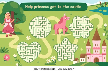 Laberinto de cuento de hadas para niños. Ayuda a la princesa a pasar por el laberinto y llegar al unicornio y el castillo. Actividades educativas y de entretenimiento para preescolares. Hoja de cálculo mágico. Ilustración vectorial plana