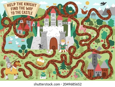 Fairytale maze for kids with medieval village landscape. Magic kingdom preschool printable activity. Fairy tale labyrinth game or puzzle. Help the knight find the way to the castle
