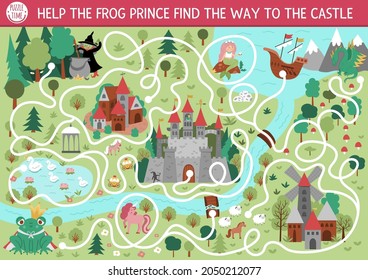 Fairytale maze for kids with medieval village landscape map. Magic kingdom preschool printable activity. Fairy tale labyrinth game or puzzle. Help the frog prince find the way to the castle
