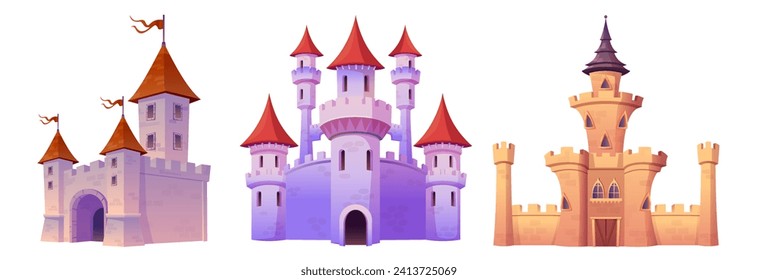 Fairytale medieval castle for fantasy kingdom. Cartoon vector illustration set of magic fantasy king fortress palace with princess tower. Royal building with flags on turret, gates and windows.