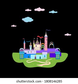 Fairytale medieval castle with meadow and road with clouds isolated on the black background. Bright kingdom, symbol of magic world with empty space for text. Vector illustration for decoration, games,