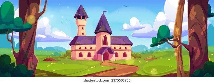 Castillo medieval de cuento de hadas en el paisaje natural. Dibujo vectorial de la ruta del bosque a la fortaleza real con paredes de piedra, techo púrpura, ventanas y puertas, bandera en la caca y torre de princesa.