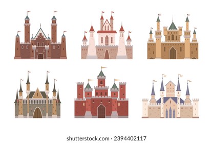 Fairytale medieval castle. Set of medieval castles, fortresses and towers. Fortified housing. Fairytale medieval towers and castles collection on white. Color princess towers, fairy kingdoms isolated