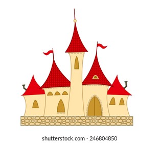A fairytale medieval castle or small town with red roofs