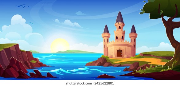 Fairytale medieval castle with stone walls, high tower, windows and gate doors standing on shore of sea or river on summer sunny day. Cartoon landscape with kingdom palace. Royal mansion with road.