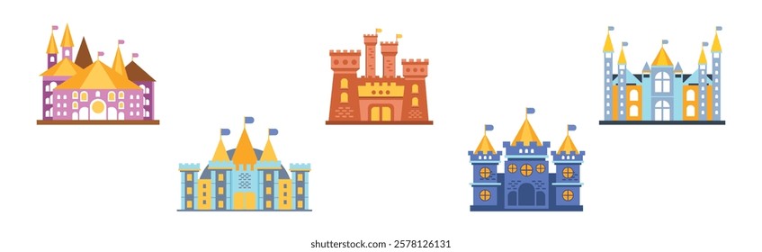 Fairytale Medieval Castle with Tower and Flags Vector Set