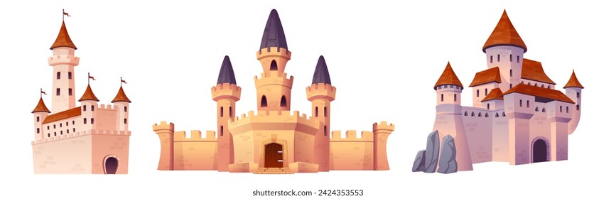 Fairytale medieval castle with towers and flags, windows and gate doors, stone walls. Cartoon vector illustration set of magic royal palace. Collection of ancient kingdom architecture with turret.