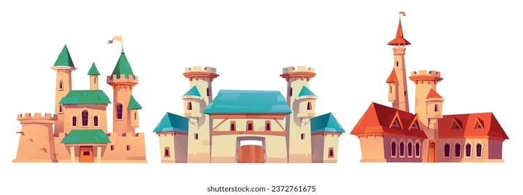 Fairytale medieval castles with gates and towers. Cartoon vector illustration set of fantasy royal buildings and palaces. fable story ancient architecture with stone walls and turrets with king flags.