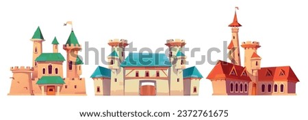 Fairytale medieval castles with gates and towers. Cartoon vector illustration set of fantasy royal buildings and palaces. fable story ancient architecture with stone walls and turrets with king flags.