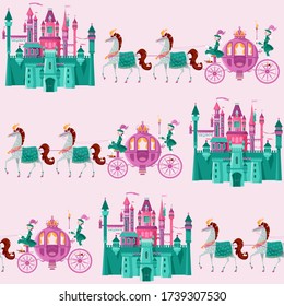 Fairytale medieval castles and Princess Fantasy Carriages with Coachmen and Horses. Seamless background pattern. Vector illustration