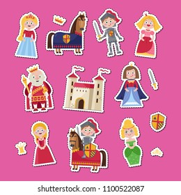 Fairytale medieval characters set in cartoon style. Beautiful princess or queen, little knight in armor, warrior horse, king wearing crown and mantle, stone castle isolated vector illustration.
