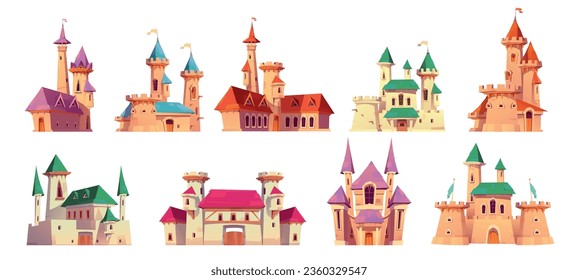 Fairytale medieval royal castle or fantasy princess palace - cartoon vector illustration set of king houses with towers and flags, gates and windows, stone walls. Ancient tale fortress for kingdom.