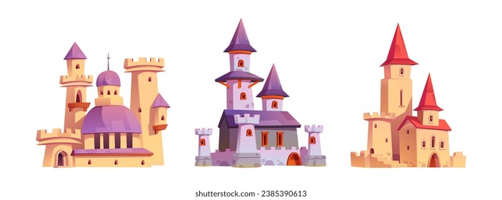 Fairytale medieval royal castle with flags on towers, windows and gates. Cartoon vector illustration set of ancient palaces or fortresses architecture with stone walls for kings, queens and princess.