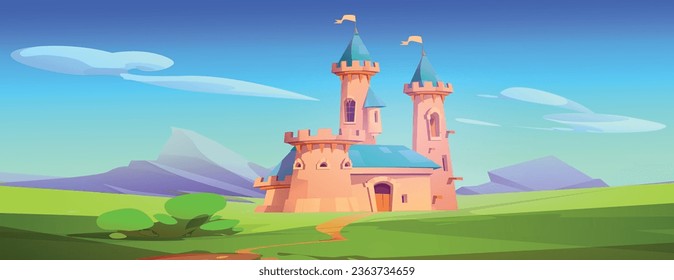 Fairytale medieval royal castle on natural landscape. Cartoon vector illustration of fantasy kingdom palace with flag on princess tower and path road to wooden gate. King building standing on meadow.