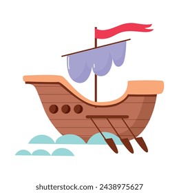 Fairytale Medieval Sailing Ship with Paddles and Flag Vector Illustration