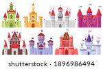 Fairytale medieval towers. Cartoon royal kingdom towers, old ancient magic castles vector illustration set. Medieval architecture stone castle. Mysterious colorful fortress for king and queen