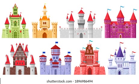 Torres medievales de cuento de hadas. Caricatura de torres reales del reino, antiguos castillos mágicos ilustrados vectoriales. Castillo de piedra de arquitectura medieval. Misteriosa fortaleza colorida para el rey y la reina