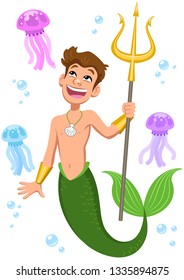 Fairytale merman holding a trident with colorful jellyfishes swimming around. Isolated vector illustration on white background.