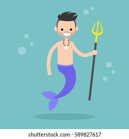 Fairytale Merman Holding A Trident / Flat Editable Vector Illustration, Clip Art