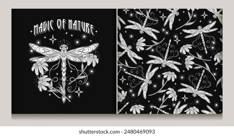 Fairytale monochrome seamless pattern, emblem with fantasy dragonflies, scattered chamomiles with stem, stars, sparkles, text. Black background. Mystical magic, sorcery concept. Art nouveau style.