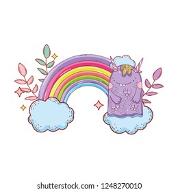 fairytale monster with clouds and rainbow
