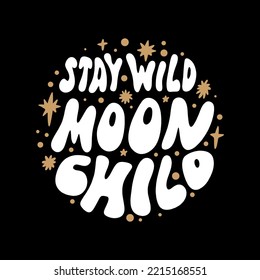 Fairytale Moon Child type vector groovy lettering text isolated on black background. Old hippy sixties style, vintage retro magic design, gold stars ornament. Gift card, poster, print for t-shirt and
