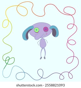 Fairy-tale multi-colored character in a frame Vector illustration on a light background