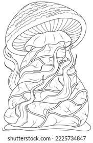 Fairytale mushroom braided with vines. Vector illustration of children's coloring book