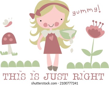 Fairytale mushroom, flower and little girl themed baby and kids t-shirt print can be used for fashion print design, kids wear, baby shower, celebration, greeting and invitation.