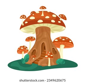 Fairytale mushroom house. Big fly agaric. Vector illustration.