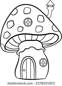 Fairytale Mushroom House for Coloring Page. Vector Illustration of Fantastic Cartoon Forest Fairy House