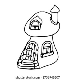 Fairytale mushroom house for gnomes, fairies hand-drawn isolated on a white background. Magical cartoon close up. Line art. Vector illustration