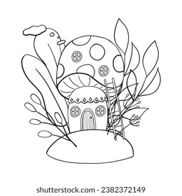 Fairytale mushroom house isolated on white background. Cartoon house amanita. Fantasy house of a forest gnome. Coloring book for children. Vector illustration