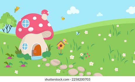 Fairytale mushroom house on green floral meadow. Magic tale location, cartoon landscape with bird, tiny dwarf home and stone path, vector scene