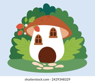 Fairytale mushroom house. Mushroom house with strawberries and flowers. Vector.